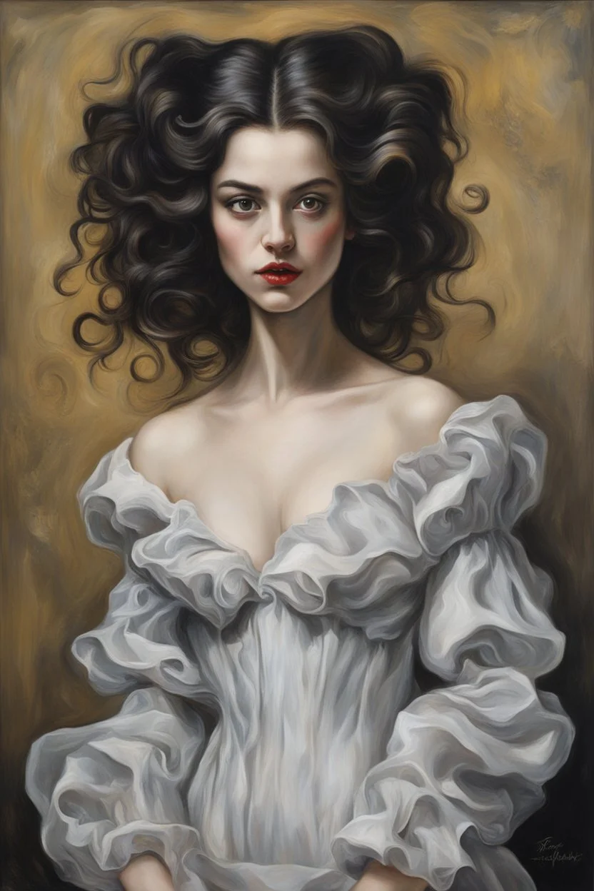 full body oil painting of a modern predatory vampire girl with highly detailed hair and facial features ,in the painting style of Gian Lorenzo Bernini and Johannes Vermeer, with a fine art aesthetic, highly detailed brushstrokes, realistic baroque style