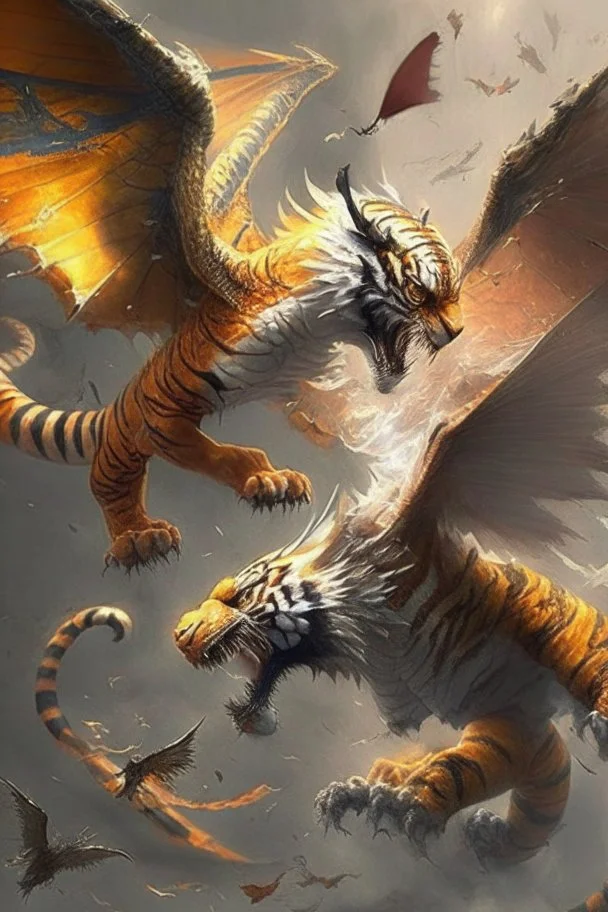 A flying tiger with wings is fighting with a dragon.