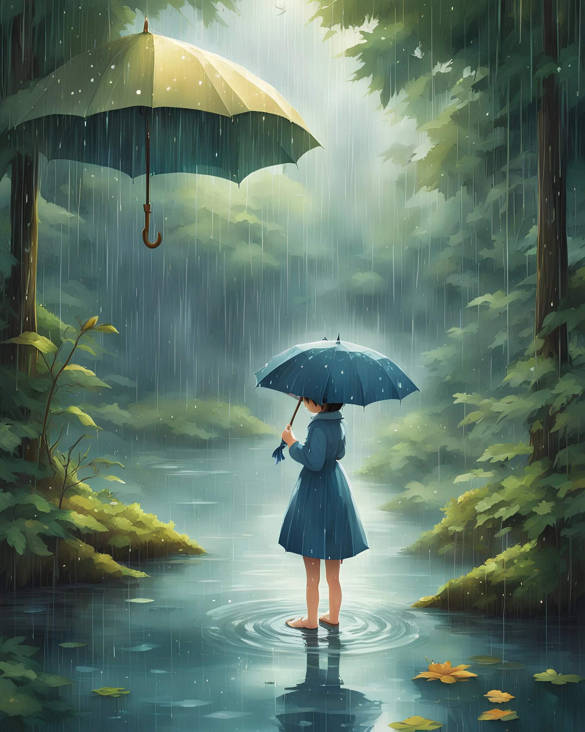 In this captivating children's illustration, a beautiful anime girl gracefully stands under the rain, protected by her trusty umbrella. The scene is set amidst a serene lake and a lush forest of trees, creating a tranquil atmosphere. Through the artistry of digital painting, every detail is meticulously crafted, from the ripple of raindrops on the water to the delicate leaves on the trees. The vivid colors add an extra layer of enchantment, as they bring the illustration to life. Children will b