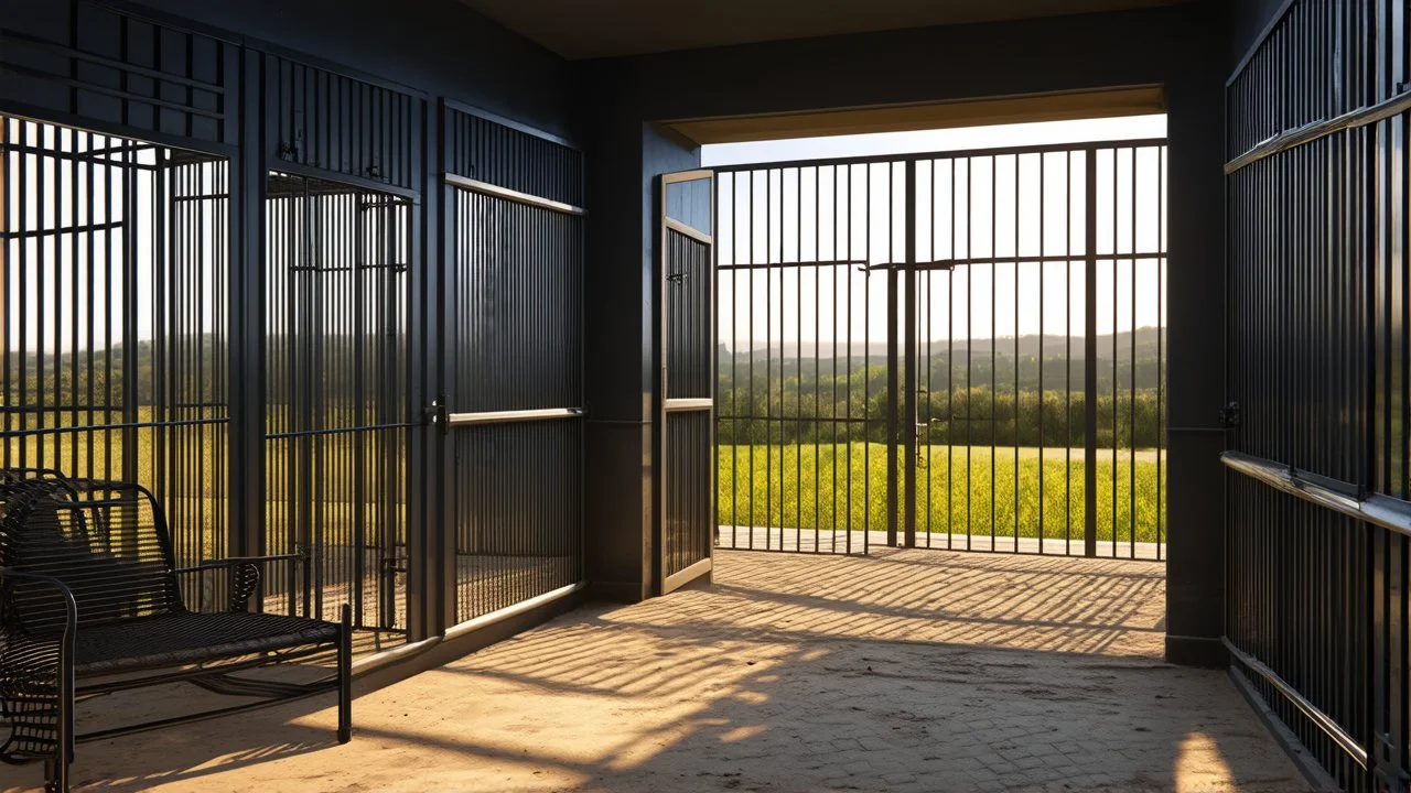 Interior of a dark dismal prison cell with prison furniture, looking out through an open cell door and no bars, no gate, no fence, into gardens and distant hills in bright sunshine and freedom. Exquisite composition, beautiful detailed intricate detailed octane render, 8k artistic photography, photorealistic, perfect light, chiaroscuro, award-winning photograph, masterpiece