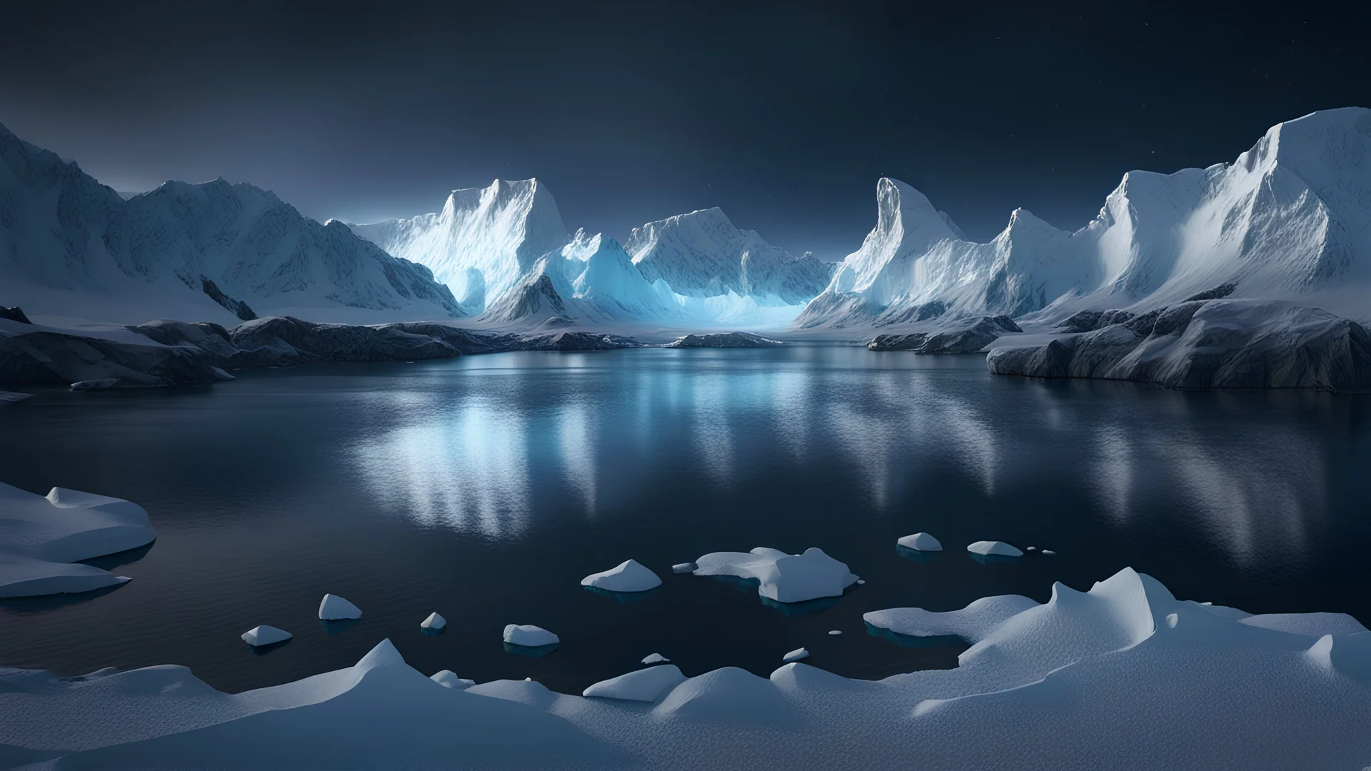 antarctica at night,glaciers,lakeside,8k, volumetric lighting, Dramatic scene,