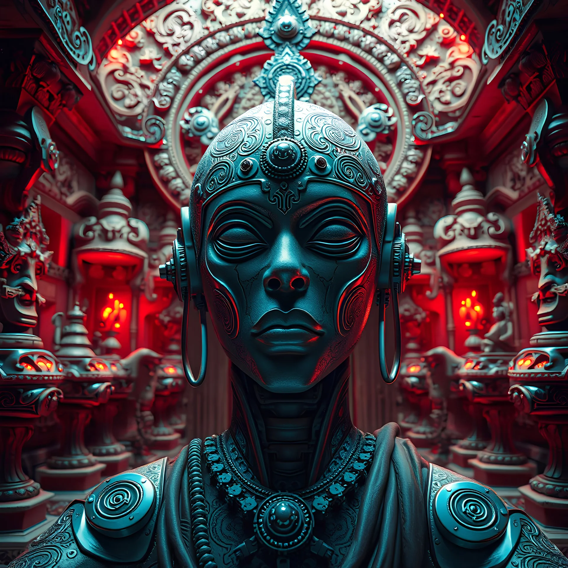 Techno Zen. Photorealistic. Hypnotic Perspective. Space Opera, Psychonaut, Enlightenment, samadhi. Tantric Psychedelic Tripping robot Monk, hallucinating an illusion. Sparkles scintillate through the air. Everythings is covered in an intricate etched fractal paisley pattern.alien temple with hindu like sculptures and motifs combined with high technology.