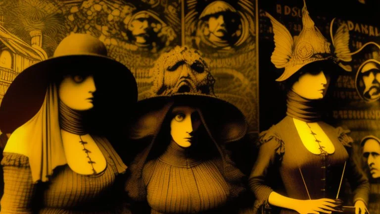 Daguerrotype close up some mysterious figures, odd background, cinematic, Hieronymus Bosch Max Ernst ambient light, by Minicavio Quollati and Marlost Endgulp, Amano, Botticelli, Alphonse Mucha