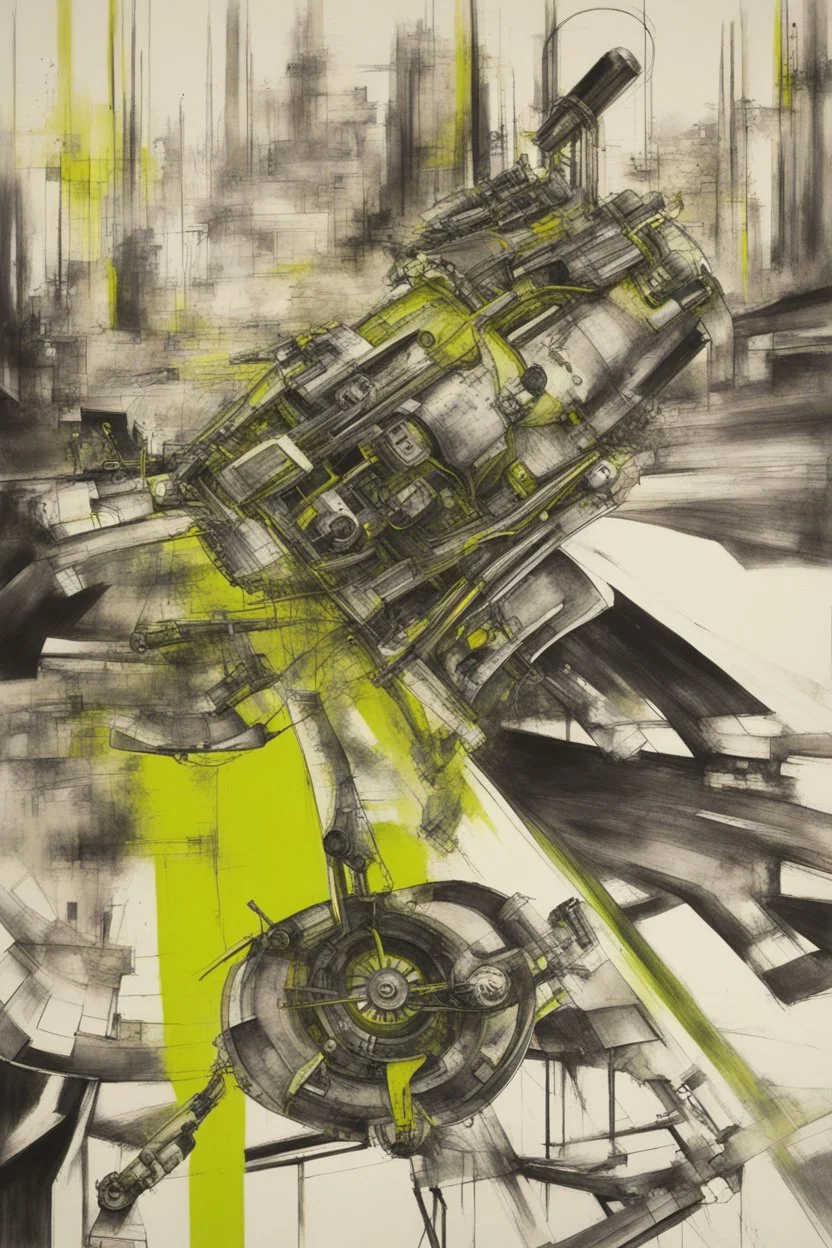 technological acceleration and political retrogression; black and white Ink wash with Chartreuse accents