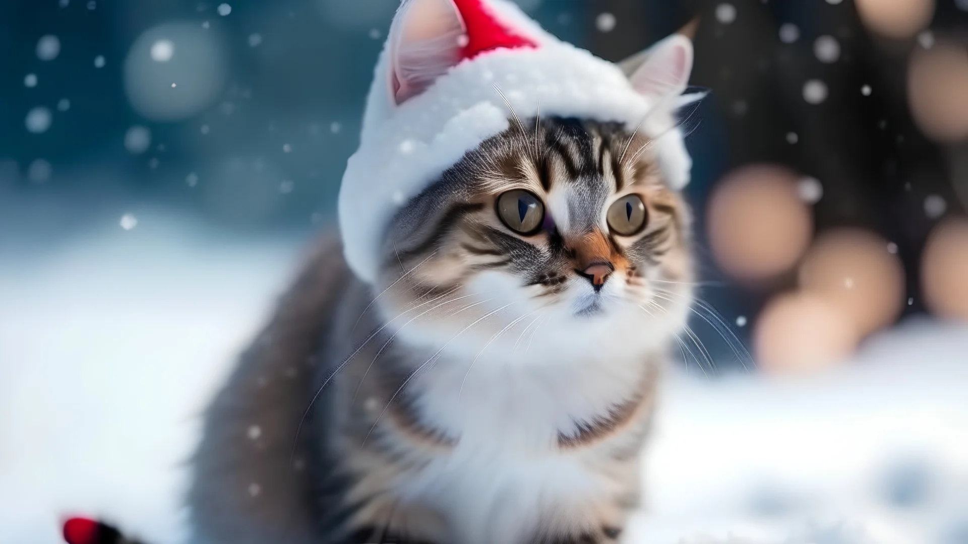 christmas cat in santa claus hat on snowy winter background with copyspace for text. Christmas season, new year, holidays and celebration