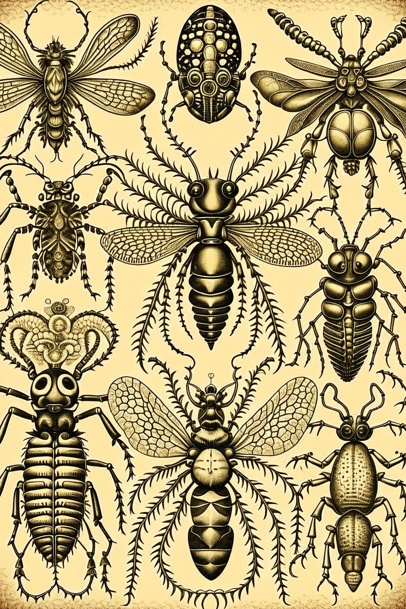 vintage, gothic, steampunk drawings of insects, sepia toned