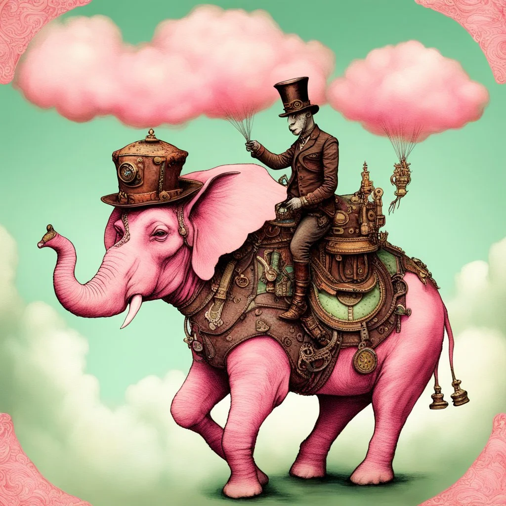 Surreal illustration of a Giraffe, seated atop a steampunk huge chubby Elephant, soaring through a pink cloudy sky. Wears a detailed, clownoutfit, and an intricate, ornate saddle is on the animal back. The animal has a soft, pale green skin, detailed with ornate steampunk-era mechanics decorations. Encaustic wax-based paint style.