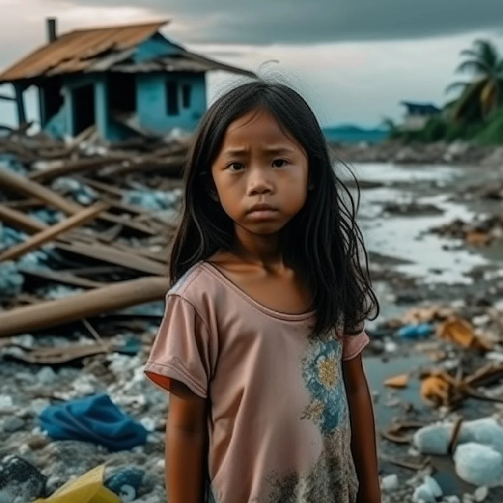 young filipina girl gloomy a little closer to the camera stands on the broken seashore behind there are fragments of a house