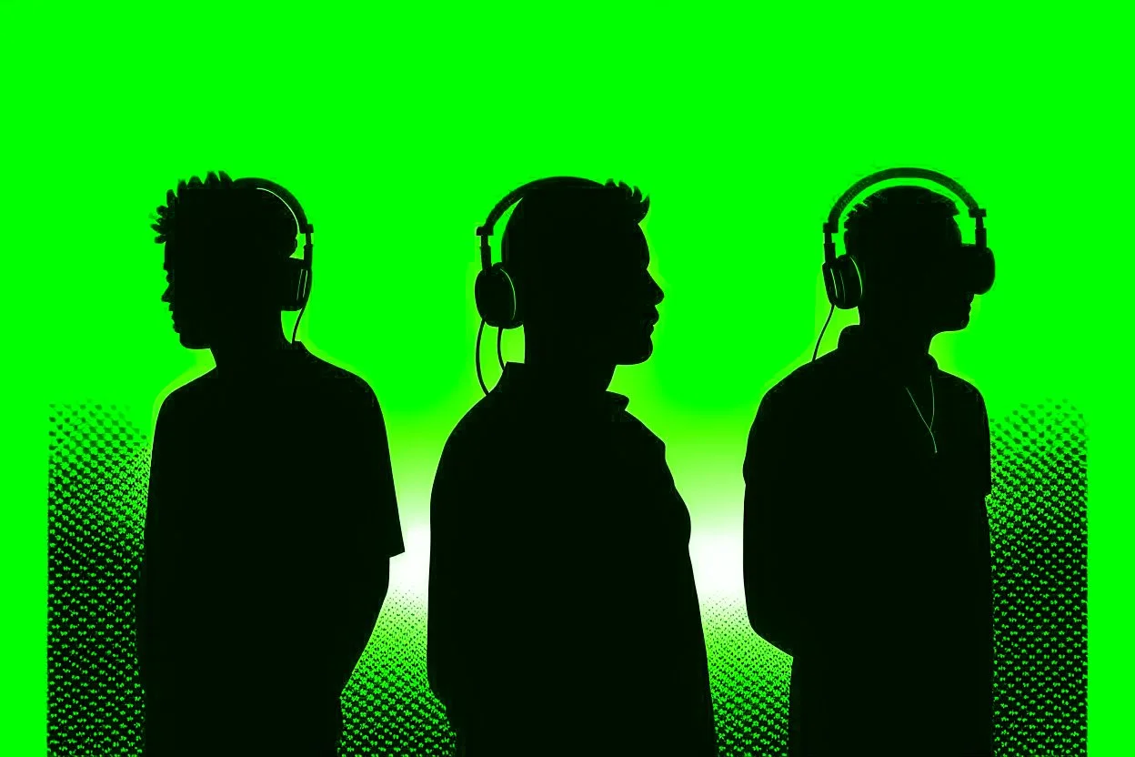 Silhouette of three men people wearing headphones, green background