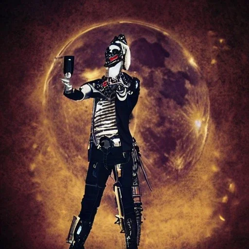 cyborg one man band, full moon background center large, steampunk style, horizontal image, text "Renaissance", 3d, hd