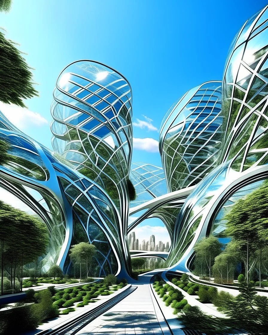 Stunning futuristic architectural masterpiece, biomorphic organic structure that combines nature and technology. A futuristic city, with polished chrome buildings and glass windows, fascinating summer weather. Intricate details and cantilevered sections. Trees, green areas and people