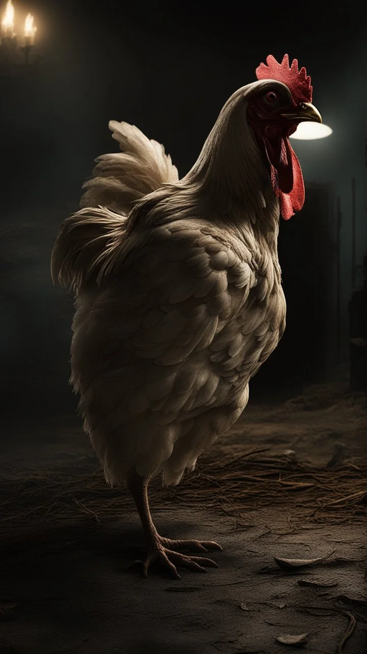 Generate a spine-chilling Halloween horror scene featuring a chicken as if it's a character from a terrifying movie, with eerie lighting and a haunting atmosphere , photo / ultra realistic."