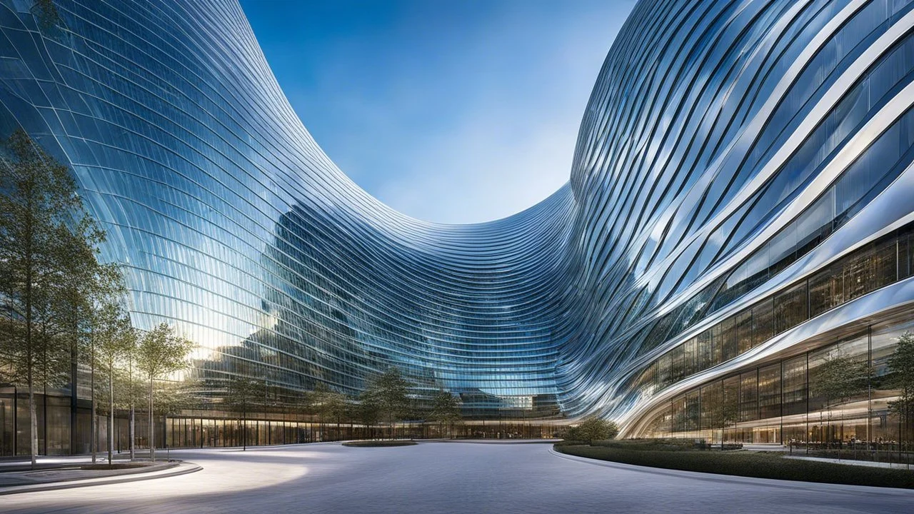 A stunning office building shaped like a sinusoidal wave, with the undulating curve running along its length. The façade is made from alternating bands of reflective glass and matte metal, giving it a dynamic, flowing appearance that changes depending on the angle of the sunlight. The curving waves wrap around the structure, creating a rhythm that mimics the rise and fall of mathematical waves. Award-winning photograph.