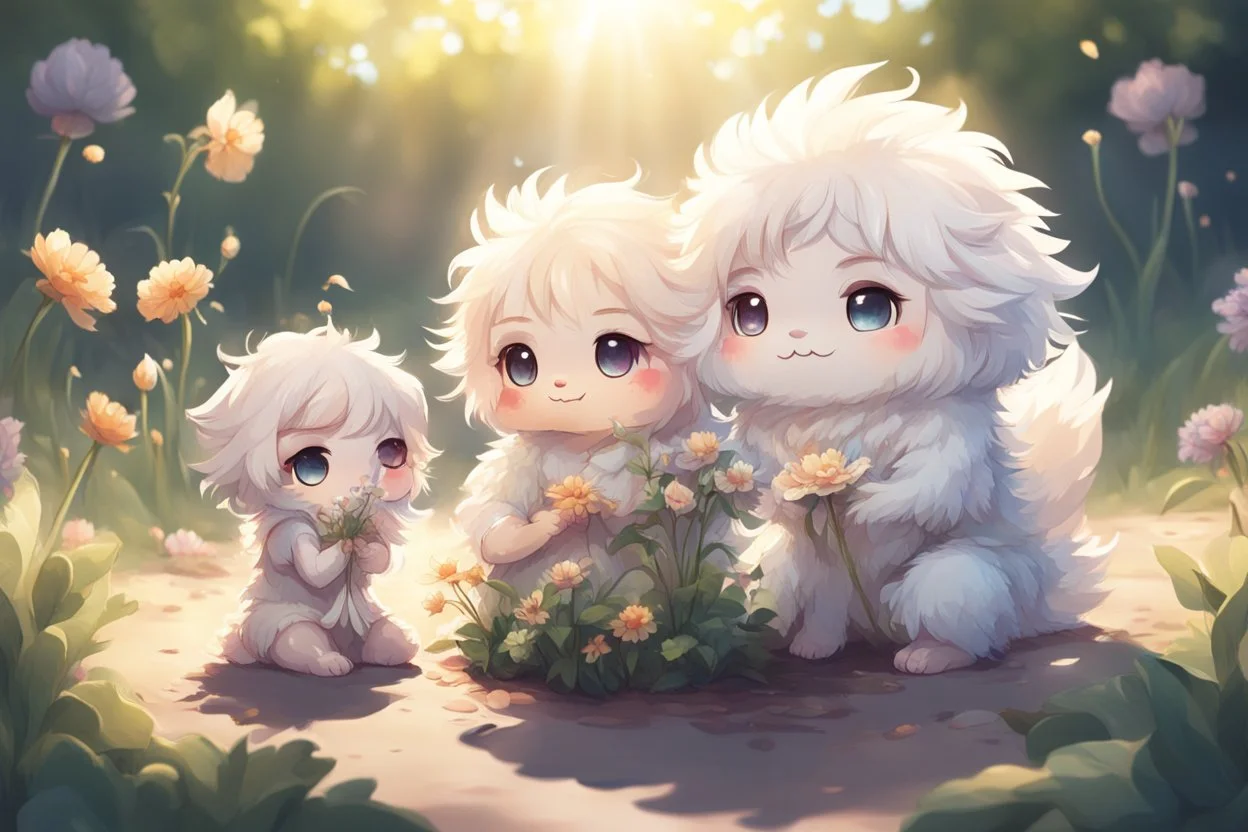 two cute fluffy chibi creatures, one kneeling and planting flowers, the other watching with arms folded in the sunshine, etherial