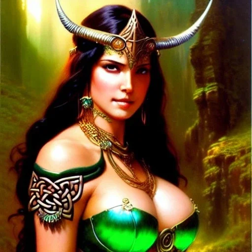 portrait 'beautiful Sexy Busty Dejah Thoris',braided long hair,horned helmet, celtic tattoed,crystal clear green eyes,painting by gaston bussiere, greg rutkowski, yoji shinkawa, yoshitaka amano, tsutomu nihei, donato giancola, tim hildebrandt, oil on canvas, cinematic composition, extreme detail,fit full head inside picture,32k