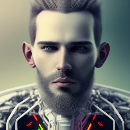 white cyberpunk cyborg men with 3 day beard portait realistic sci fi dirty face and cheap implants focused on face red and white bionic eyes