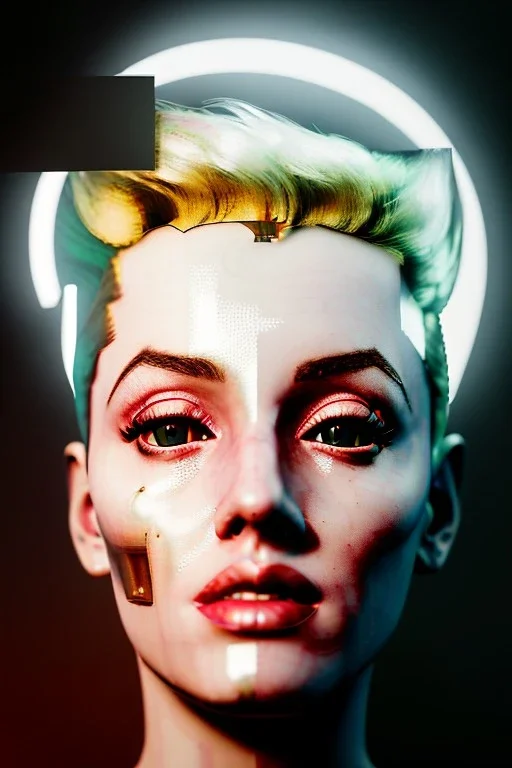 Ultra Realistic image, portrait, blonde woman, sweet Marylin Monroe face, perfect iris, glow eyes, gold makeup. Cyberpunk style, latex coat, fog, rain, soft color, highly detailed, unreal engine 5, ray tracing, RTX, lumen lighting, ultra detail, volumetric lighting, 3d, finely drawn, high definition, high resolution.