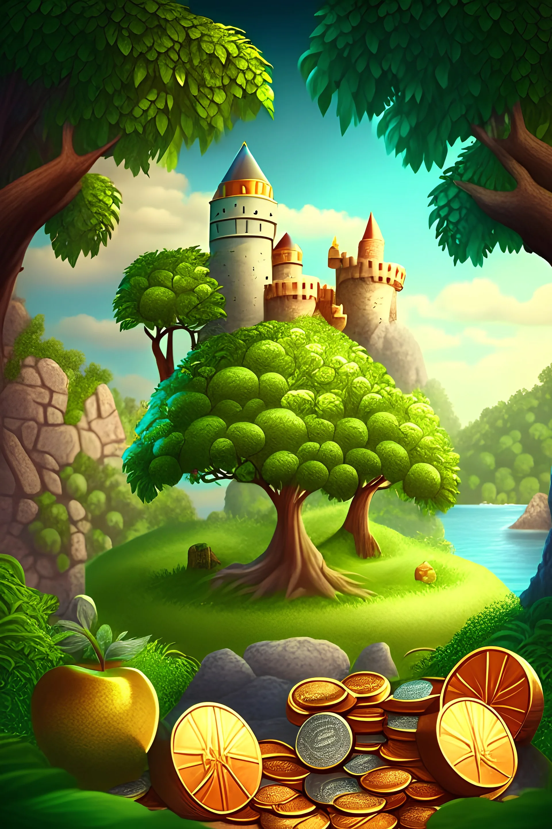 coins paradise with castle and trees with coins fruits