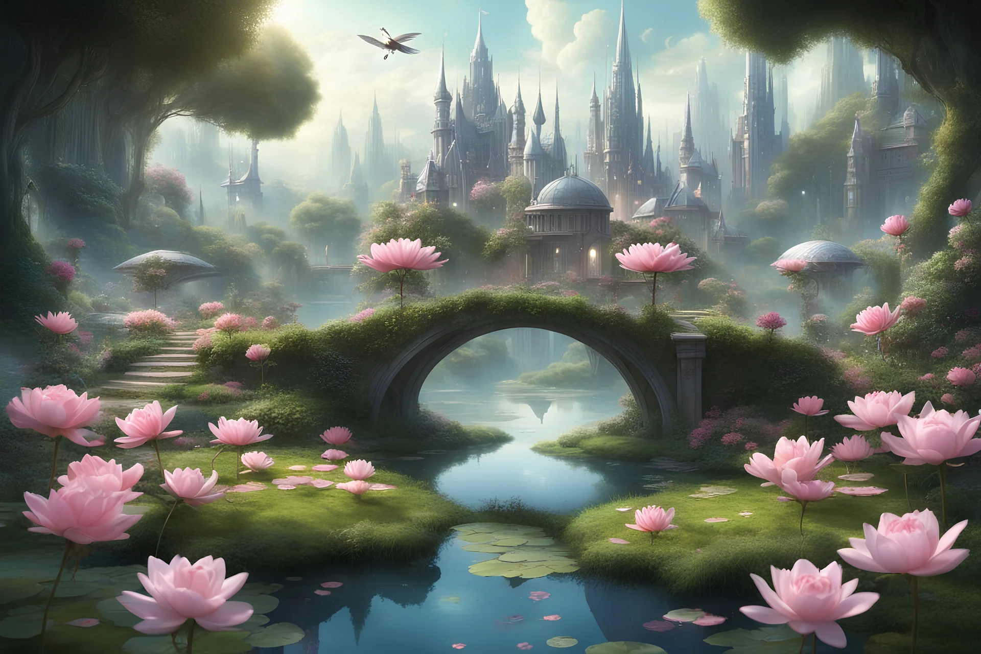 cosmic future city in space, and prety fairy with great wings,small lake with a few water lilies and river with very small waterfall in the watercourse, very pretty little flowered bridge with pink roses, very little fairies with pretty transparent wings , (very pretty shrubs++), well-cut green grass and small flowers of all colors, small dome-shaped house