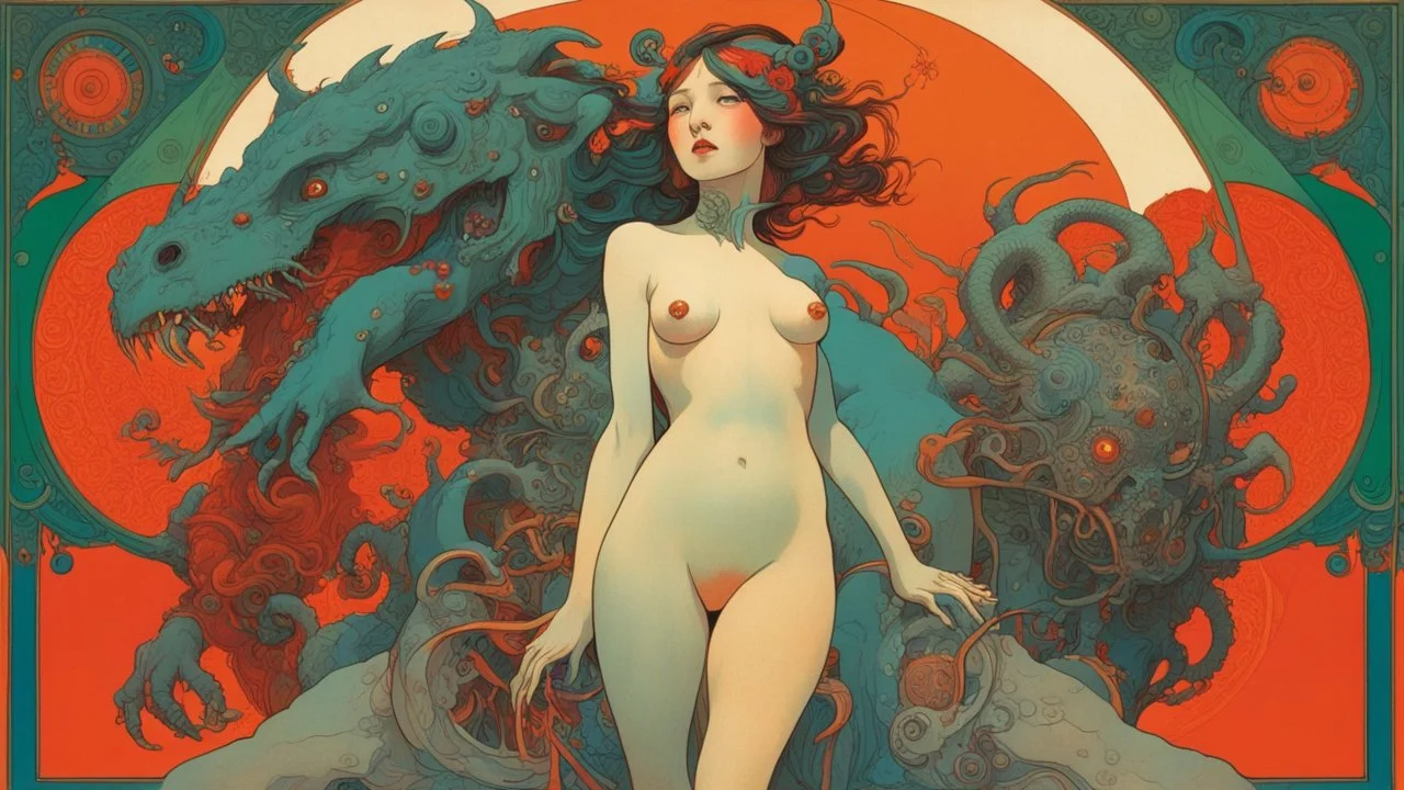 alphonse mucha, surrealist and pop art illustration of a naked asian girl facing a monstrous creature with mechanical elements, divided by a vibrant color split, one side red and orange, the other side green and blue, detailed and expressive faces, dramatic and contrasting colors, bold and vivid graphic style.