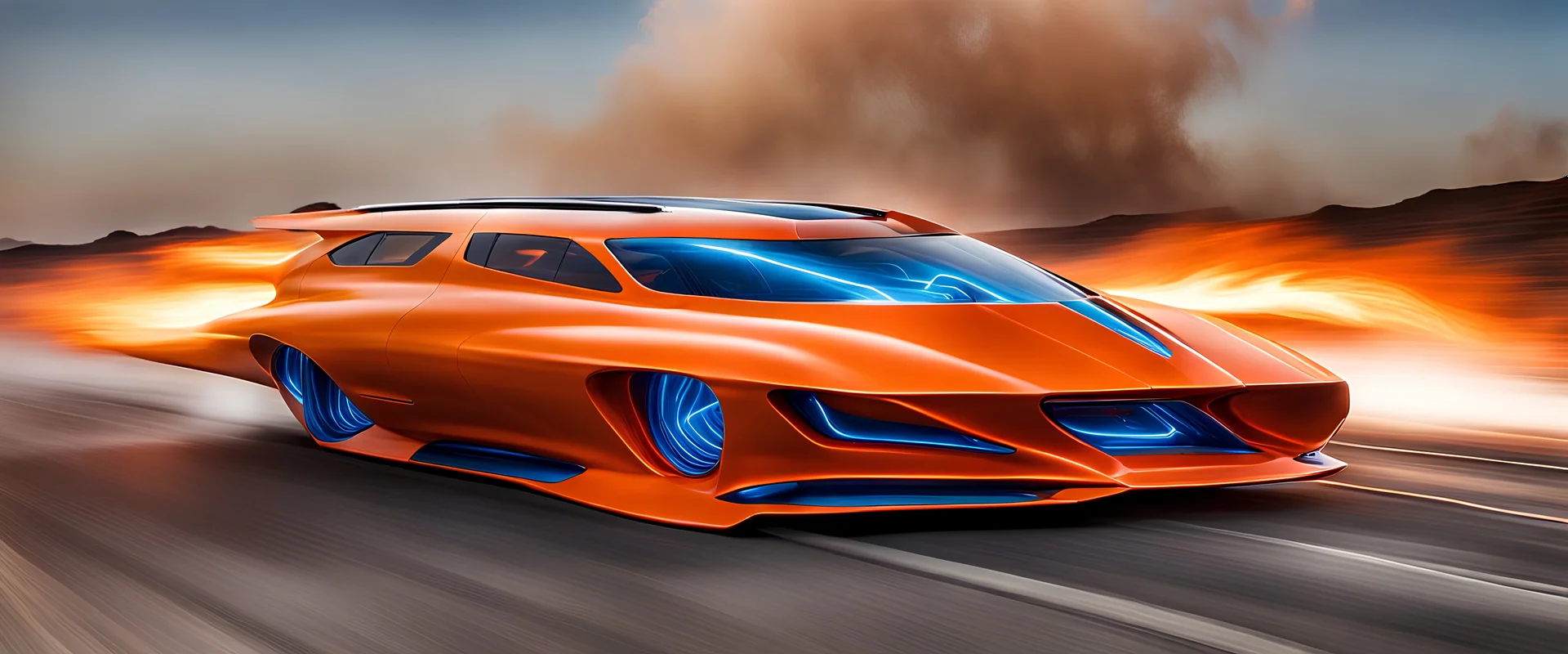 award winning car and driver photograph of a futuristic station wagon designed by only one vehicle per image painted metallic orange traveling at a high rate of speed, jet intake off of front center of vehicle and jet exhaust out the rear with bright blue flame, bilaterally symetrical, more a high speed road vehicle