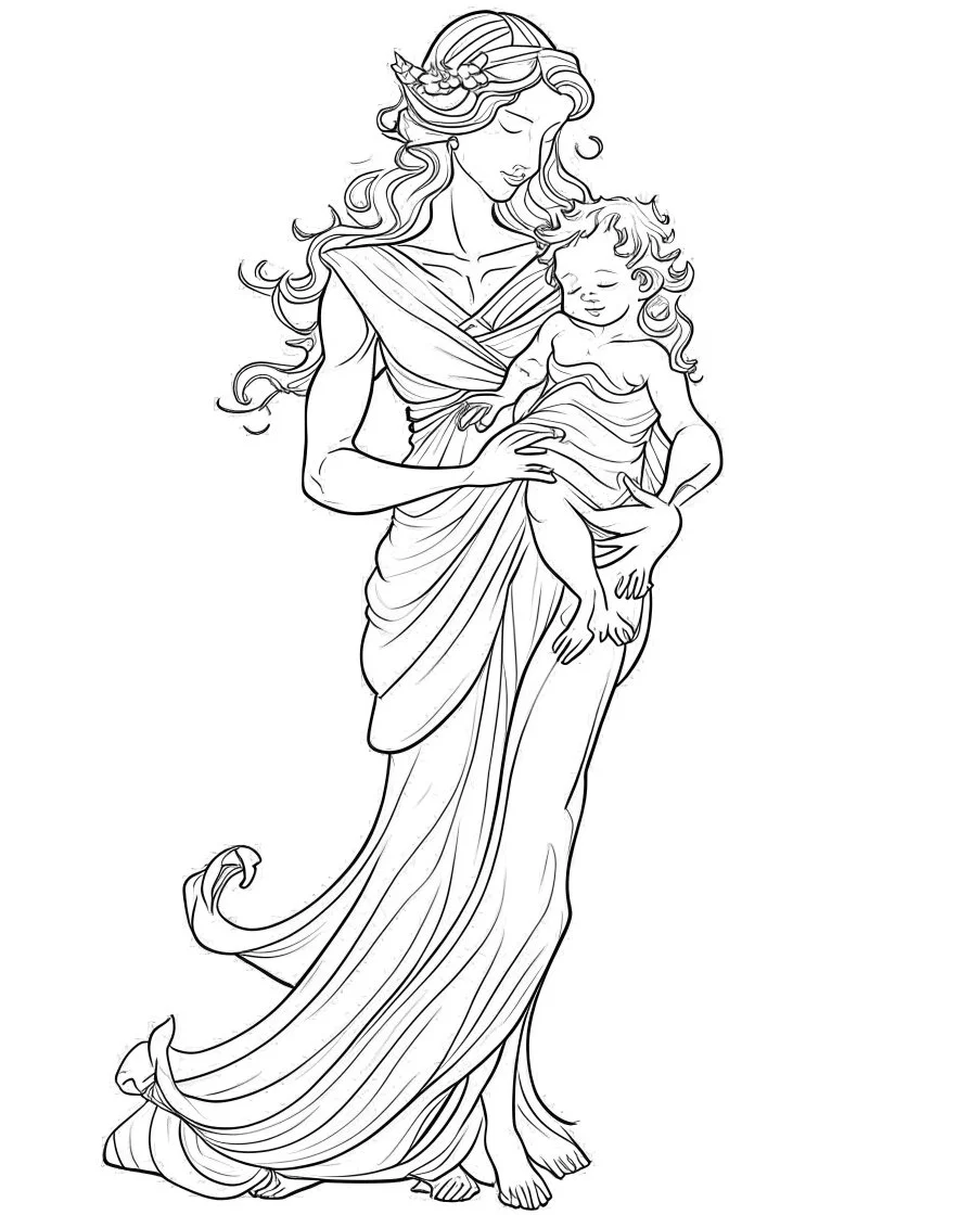 mother coloring page, full body (((((white background))))), only use an outline., real style, line art, white color, clean line art, white background, Sketch style