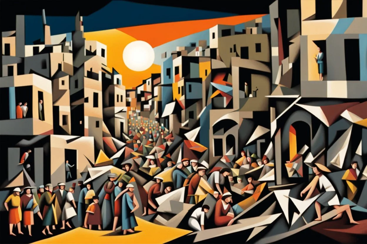 El Guernica de Gaza, edificios bombardeados en ruinas, niños, mujeres y hombres muertos, arte illustriation estilo cubista, calidad ultra, hiperdetallado, 12K