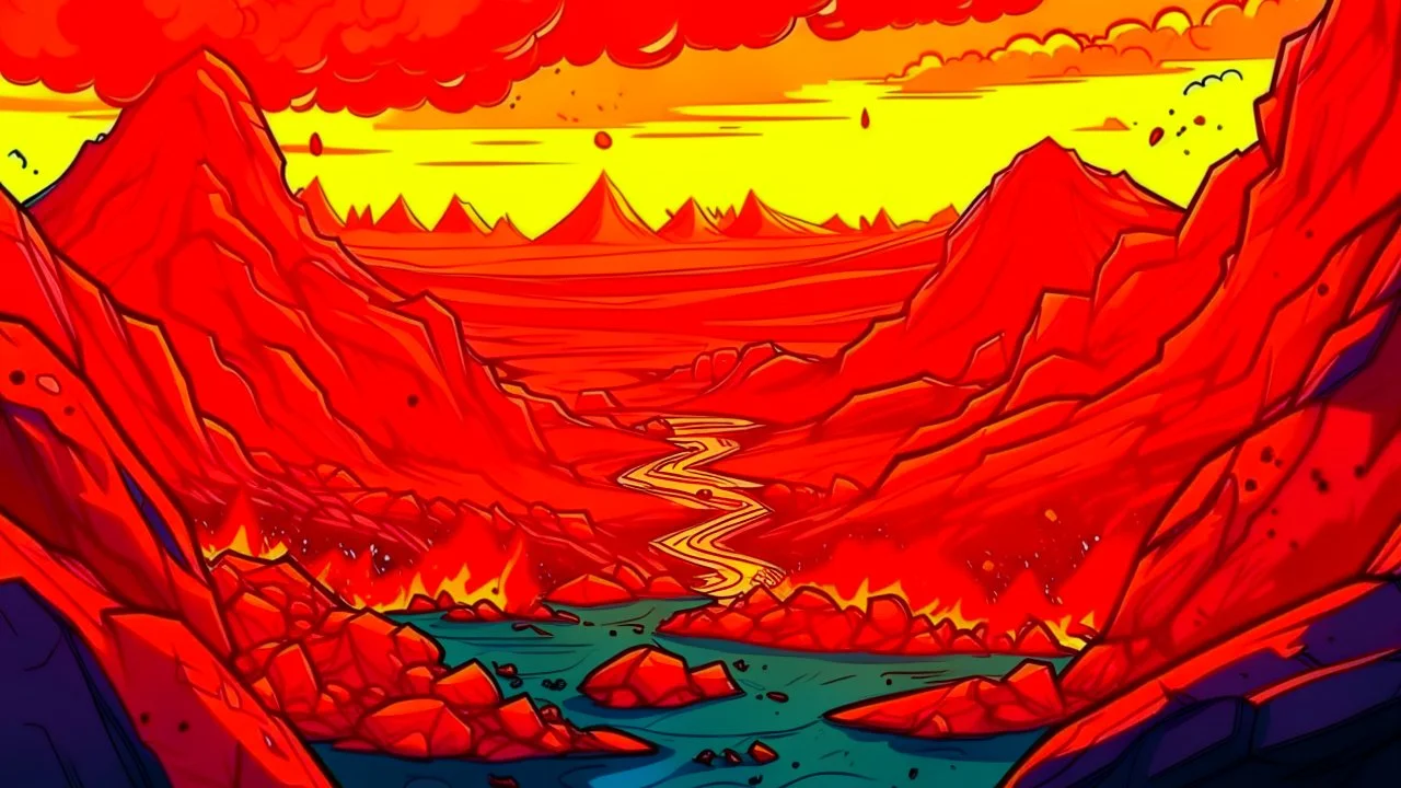 comic style, lava & steel landscape