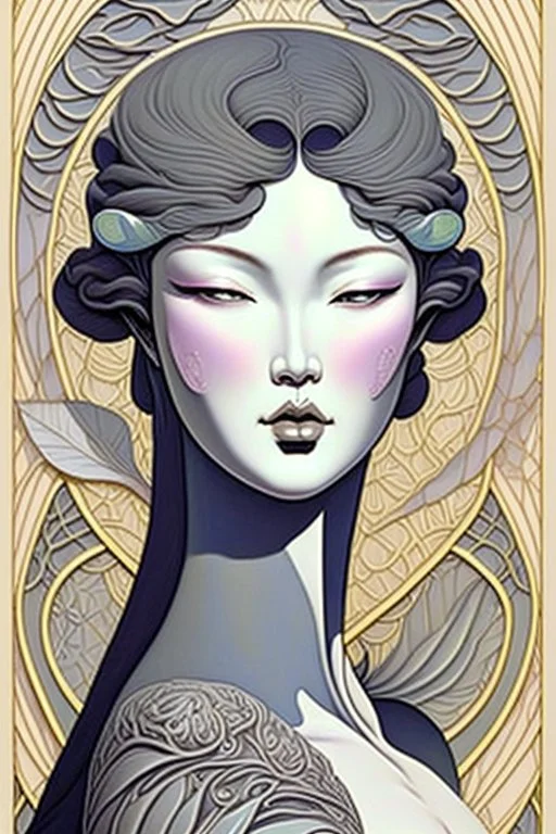 woman's face, half view, greyish colors, by artist "gilded melted bubblewarp";by artist "erte";by artist "michelangelo da vinci";by artist "lalique";by artist "hector guimard" ;character design by artist "emshwiller sol";by artist "fan ho"