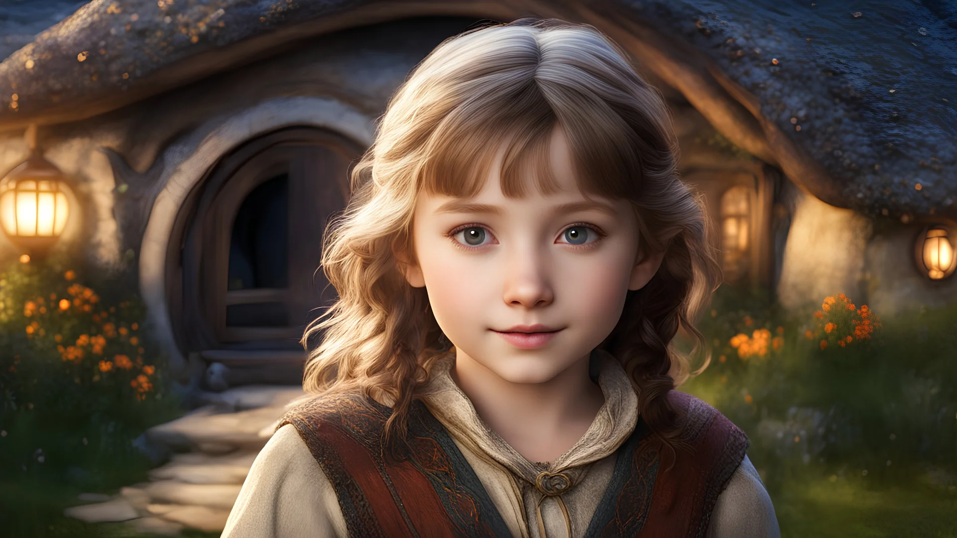 young little hobbit girl, pretty, gentle, peaceful, confident, calm, wise, happy, facing camera, head and shoulders, hobbit clothing, perfect eyes, exquisite composition, hobbit village with light from round windows and doors of hobbit homes, night scene, stars, beautiful intricate insanely detailed octane render, 16k artistic photography, photorealistic concept art, soft natural volumetric cinematic perfect light, chiaroscuro, award-winning photograph, masterpiece, William-Adolphe Bouguereau