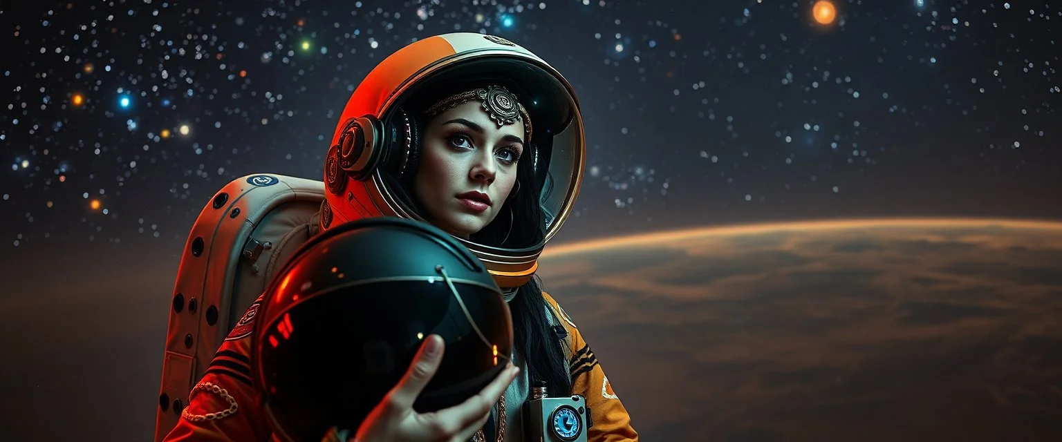 portrait of space gypsy astronaut, sexy one, holding her helmet in lap, goa trance halloween glam rock soul opera, explorer new frontier, meeting with two new races beyond our star system