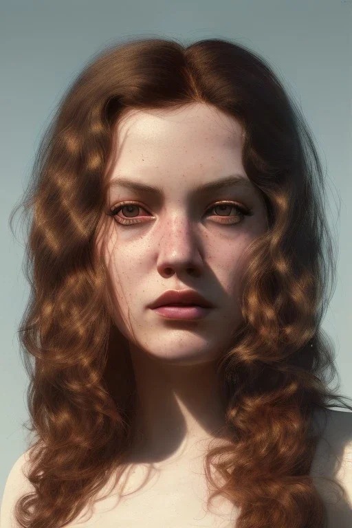 1970's porno model , cute, big droopy eyes, angelic face with minor blemishes, beautiful, long orange flowing hair, wavy hair, curly hair، black eyes, head and shoulders portrait, cinematic, misty atmosphere, 8k, resolution concept art portrait by Greg Rutkowski, Artgerm, WLOP, Alphonse Mucha dynamic lighting hyperdetailed intricately detailed, bokeh, Stunning 8k ektar film scan