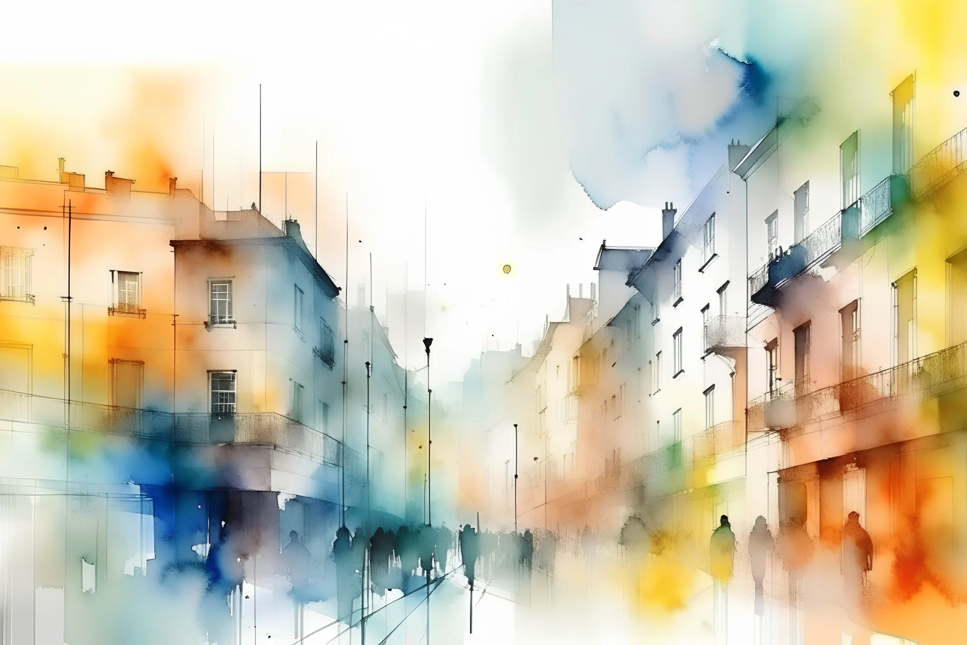 urban life and people art watercolor light soft colors transparent
