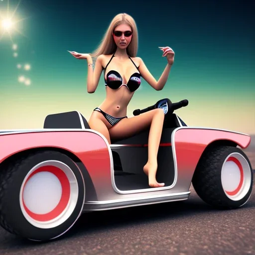 bikini woman on pedal car