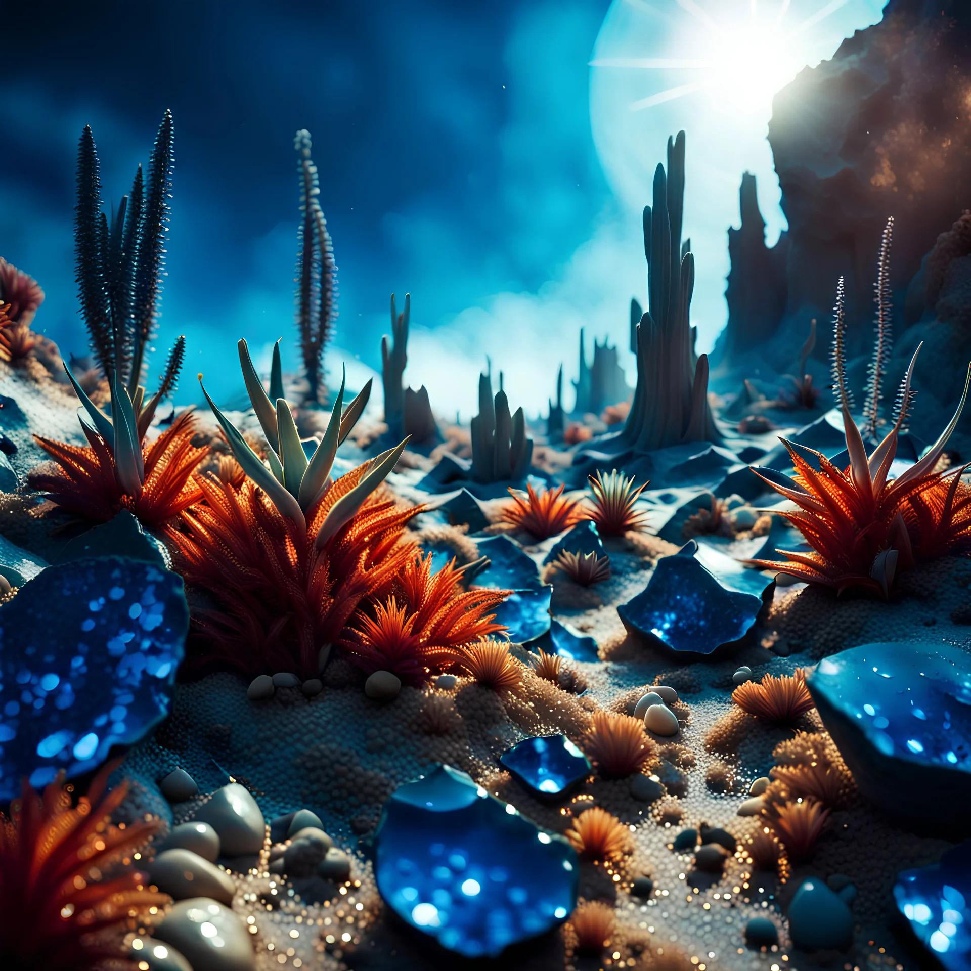 A striking photograh close-up captures a surreal wasteland with group of plants and glossy material, adorned with minerals and rocks. Bathed in intense light, eerie, giant blue sun, 8k, deep 3d field, rock formations, strong texture, extreme paranoia, hypnotic, Yves Tanguy, colours, rich moody colors, sparkles, bokeh, 33mm photography