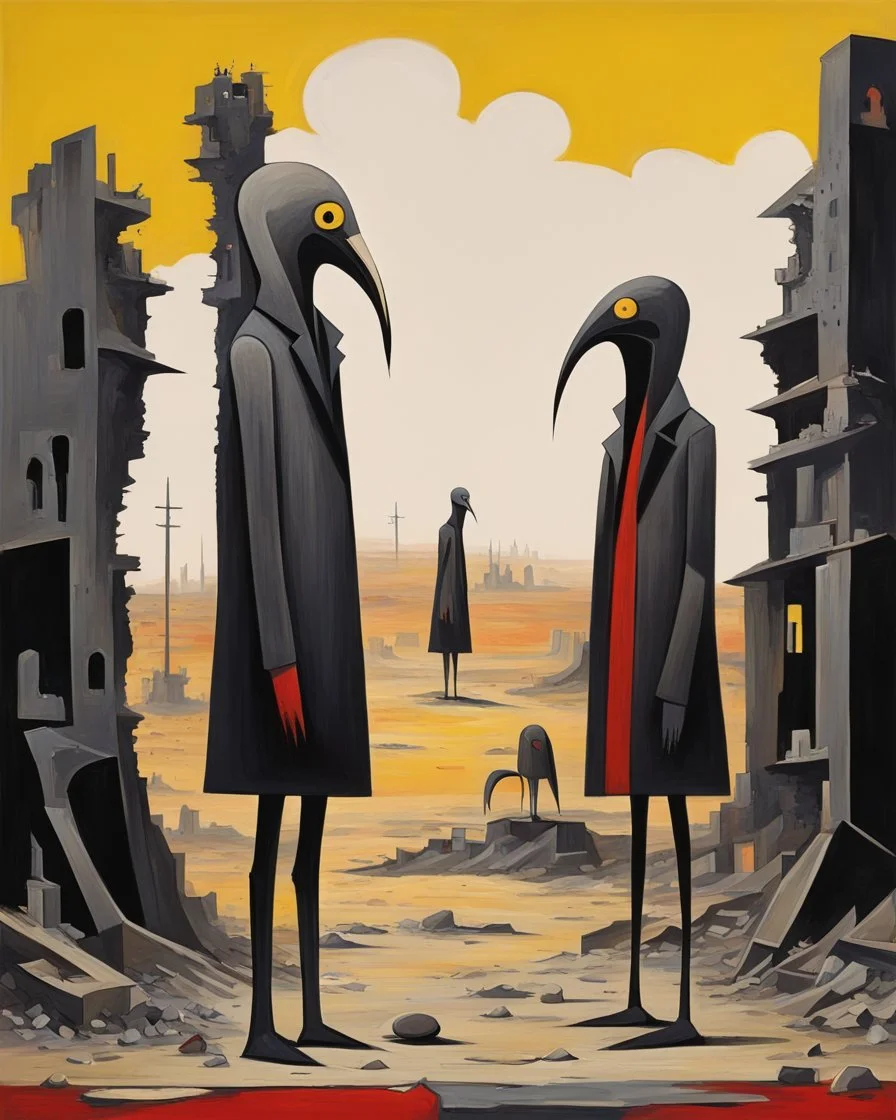 long-legged surreal lean black-grey figures with beak-shaped heads in overcoat, profile, semi-silhouettes among ramshackle ruins in a barren landscape of red, yellow, black and beige colors, intricate acrylic painting