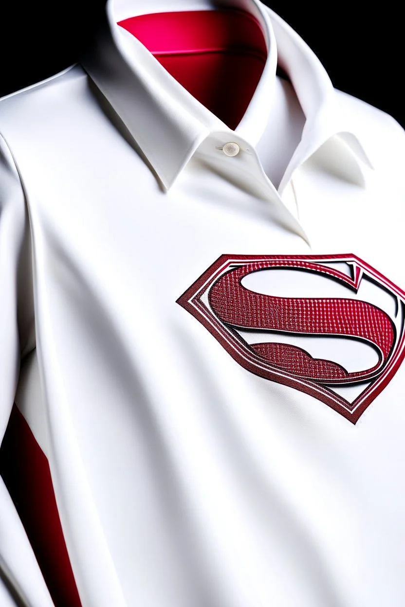 Men's Superman's Gucci Winter Dress Shirt elegant inspired by Superman's Big emblem design white tones with dual color on a white background, product catalog photography, soft spot lighting, depth of field, 4k –ar 3:5 –q 2