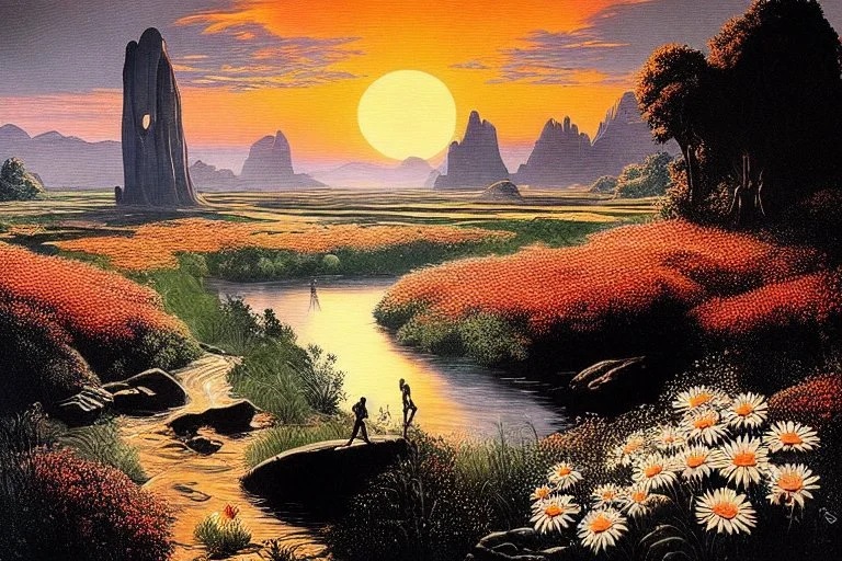 Beautiful epic sunset, logan's run 1976 movie influence, cosmic, people, rocks, holiday influence, river, flowers, very epic and philosophic, otto pippel impressionism paintings