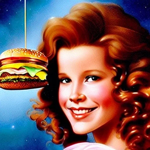 Young Robyn Lively with a beautiful and highly detailed face holding a lisa frank mcdonalds hamburger, modern American; by Daniel Gerhartz, phil noto, sienkiewicz, mucha, jim lee, manara; hyper-detailed, hyper-realistic, sharp focus; symmetrical face; textured shading, subtractive lighting, Unreal Engine, sharp focus