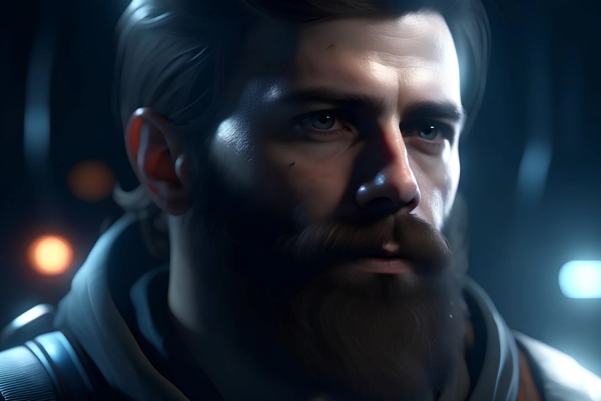 handsome bearded man cinematic dramatic hd highlights detailed real wide and depth atmosphere scifi