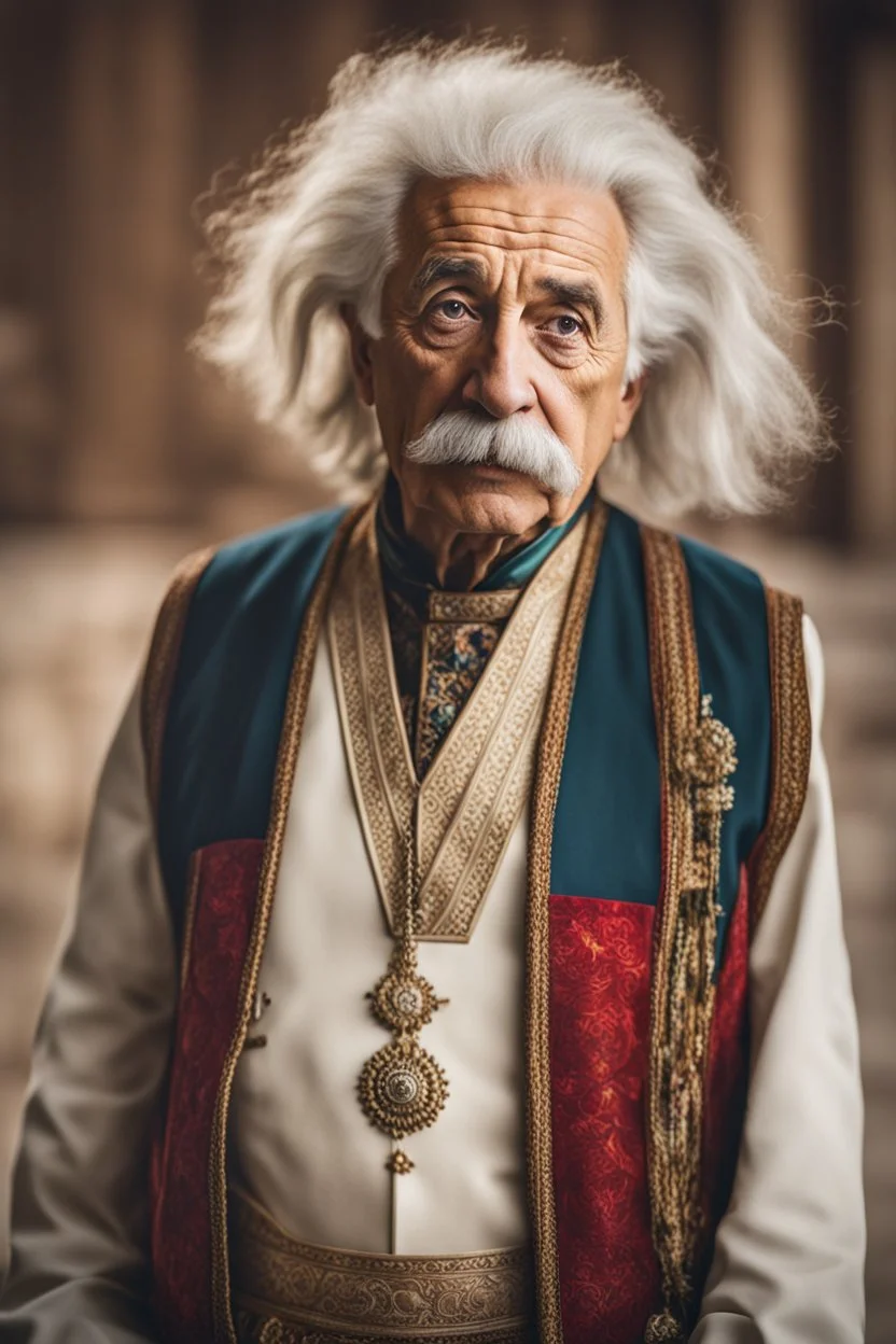 Einstein i n Azerbeyjan traditional costum color full ,upper body ,blury background ,closeup ,sharp focus