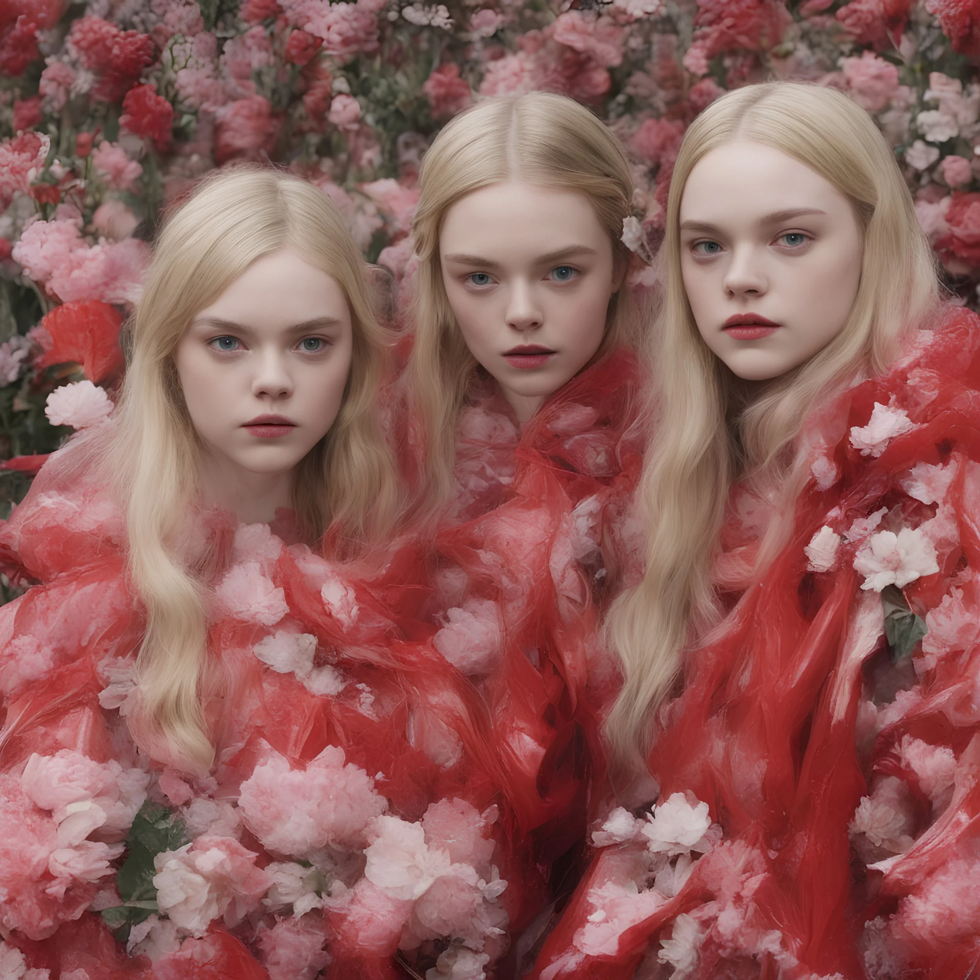 Elle fanning and dakota fanning , as flowers, red shiny plastic coats