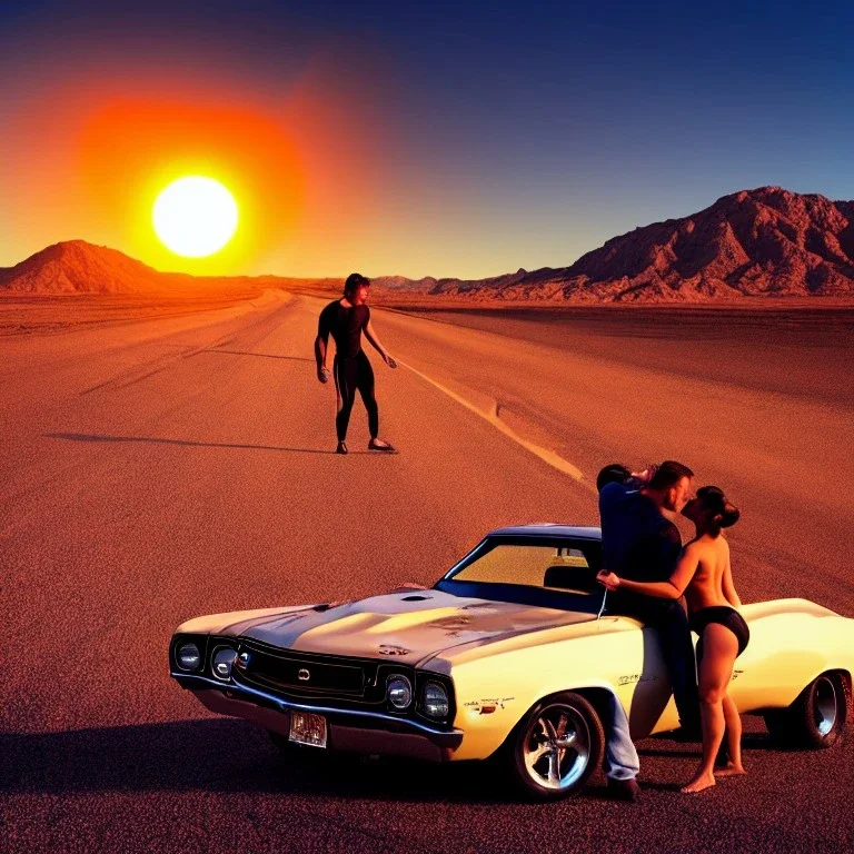 muscle car, man and woman, no clothes, making love, desert road, sunset, full colour,