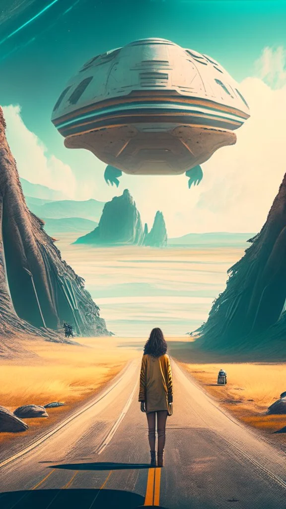 road with sci-fi landscape and woman looking down at cargo spaceship