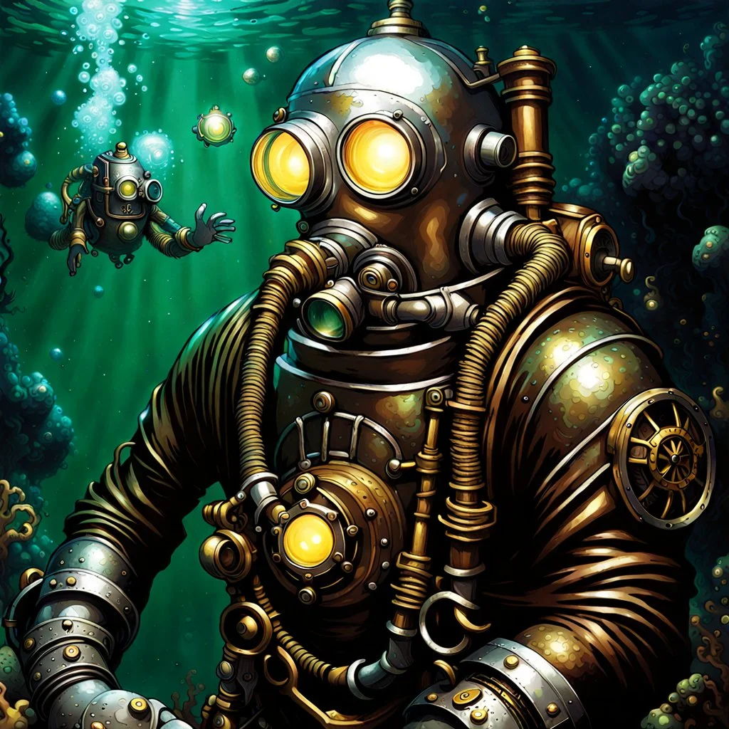 90's tcg art silver steampunk male diver with glowing helmet underwater