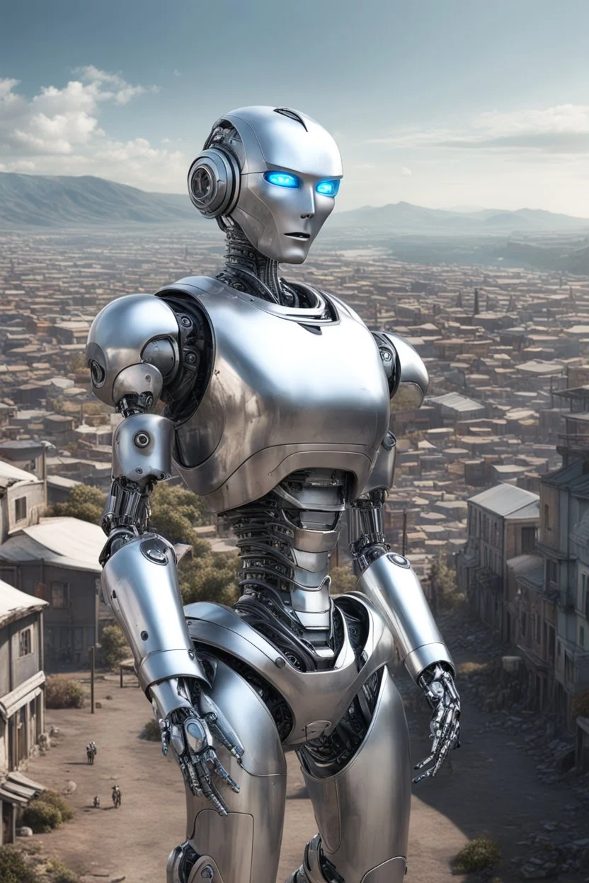 silver humanoid robot standing looking over a small alien town