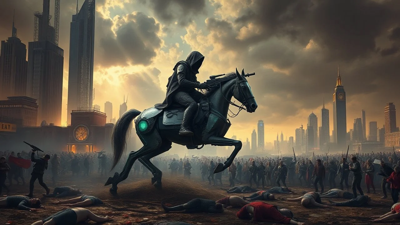 detalied cyberpunk interpretation of Bruegel's "The Triumph of Death", capturing the symbolic "harvest" of humanity. this is terror. A dystopian metropolis under smog sky, where cybernetic soliders reapers are executing physical harvest and many of humans citizens killed army of cyberwarrior androids and robotic, many panicking run away people, many bodies lying on the ground. a cyber-death warrior in black hood with futuristic gun on an mechanical robotic horse, thriller, detailed, cinematic