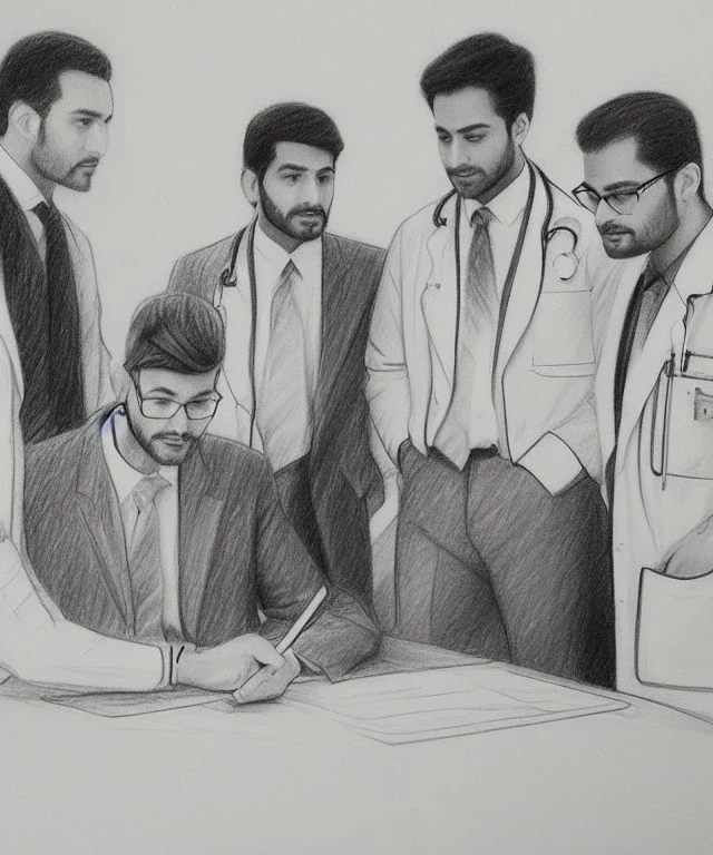 Pencil sketch of Four doctors are discussing ، on lined paper