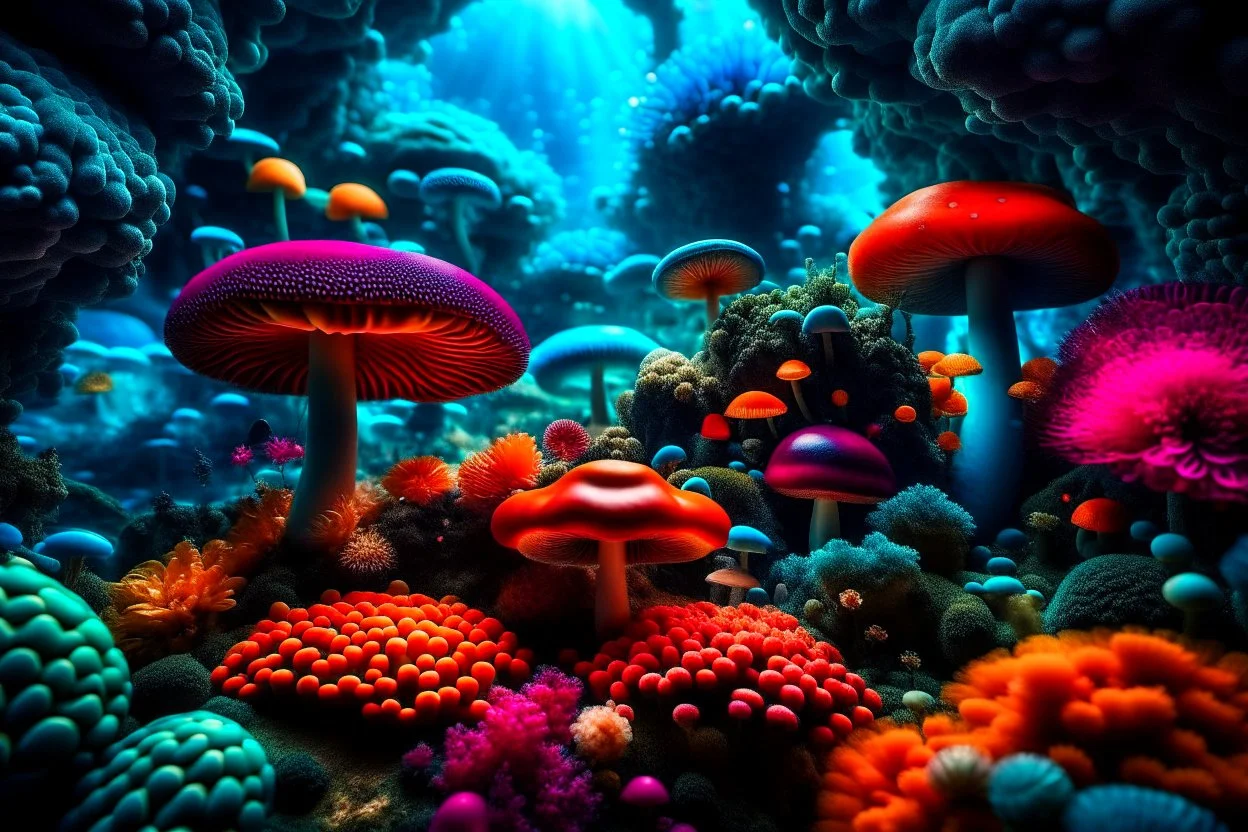 Exotic Flora, fauna, mushrooms, fungi and coral at the End of the Multiverse black liquid Land