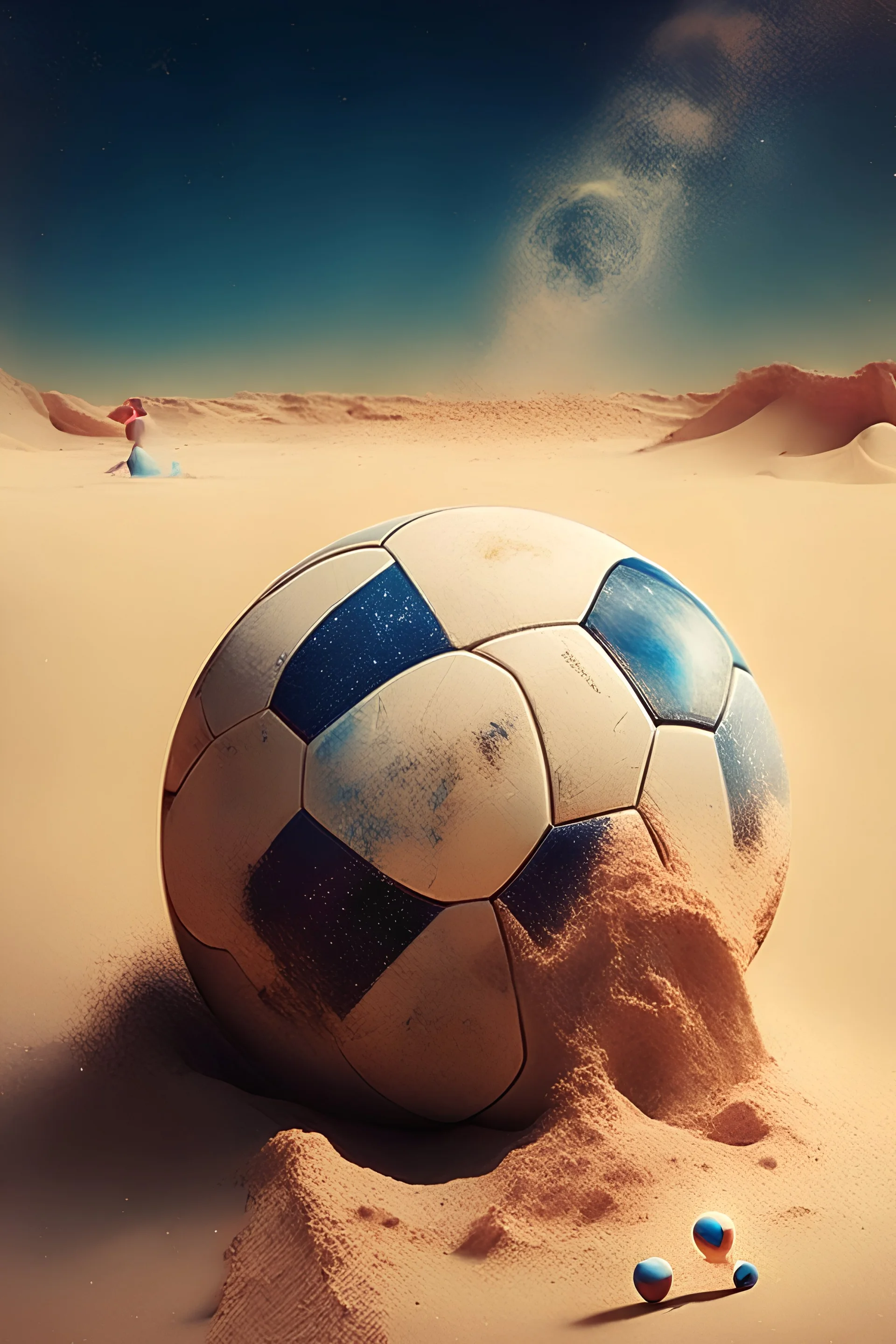 Messi, ball, sand, planets, stars